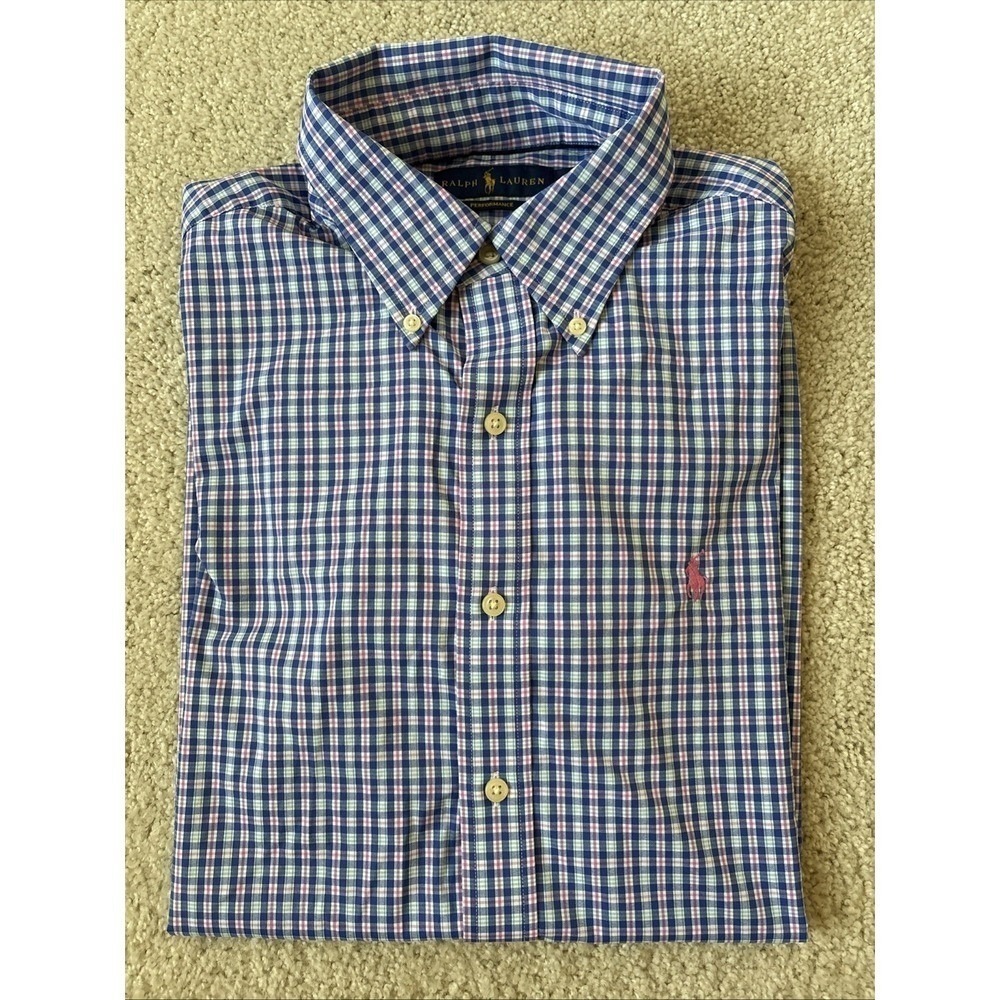 Ralph Lauren Polo Performance Button Down Pink Blue Plaid Old Money Preppy Sz M